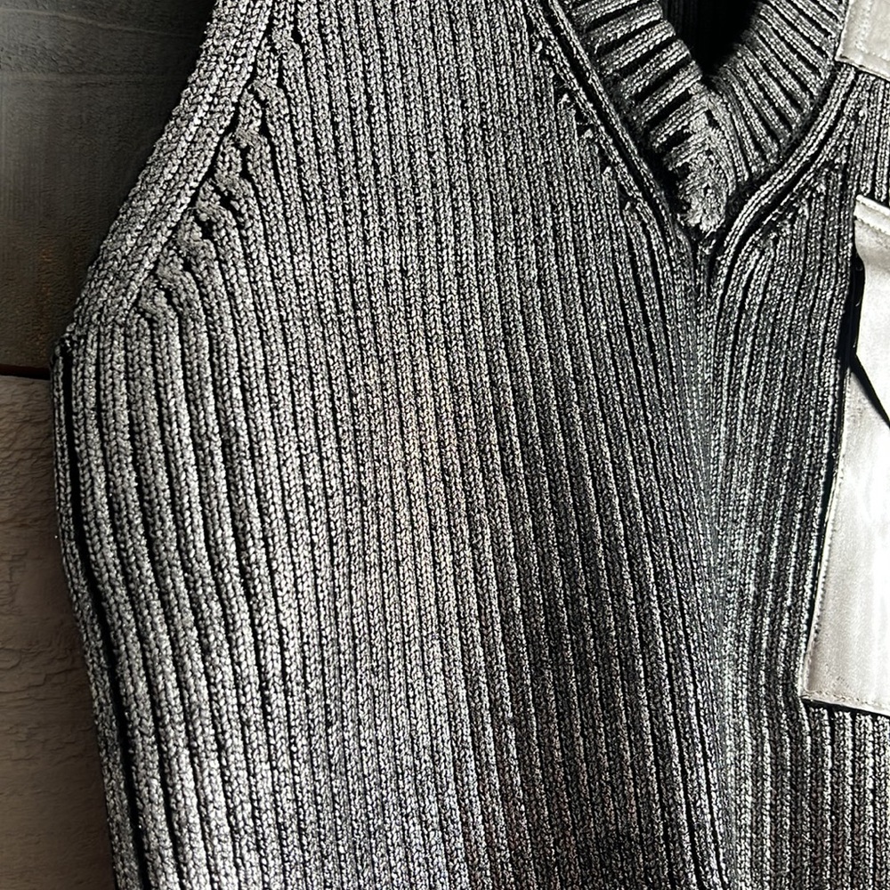 Zoey W. Los Angeles Metallic Knit V Neck Patch Vest Grey Silver - Picture 5 of 12